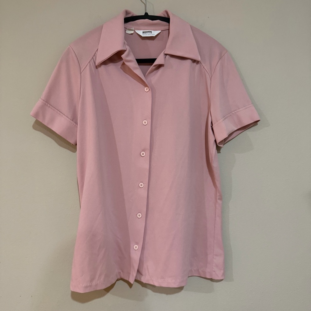 Vintage 70s Pastel Pink Collared Blouse Retro Short Sleeve Button Up Coquette